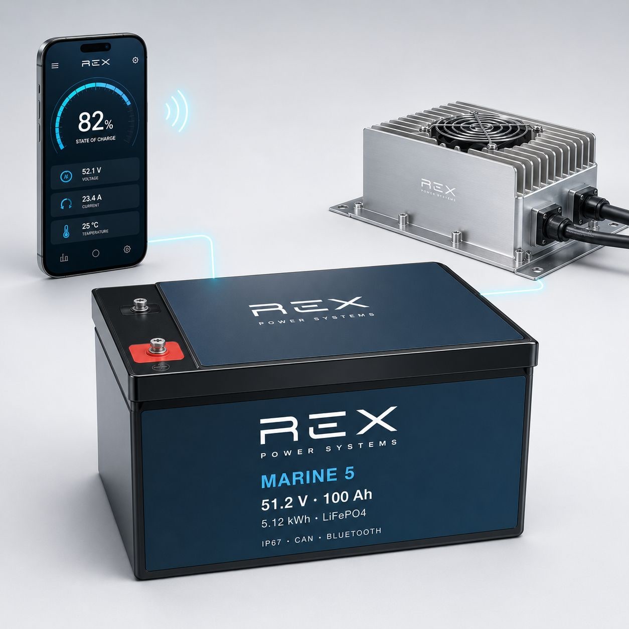 Render: REX Marine 5 with its charger and the REX app showing state of charge